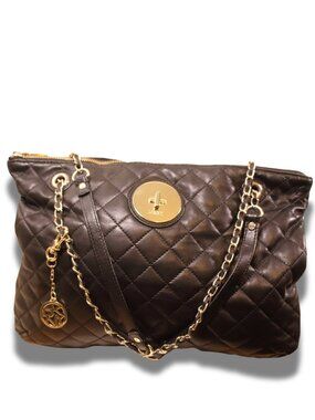 DKNY Quilted Black Leather Chain Handle Shoulder Tote Bag